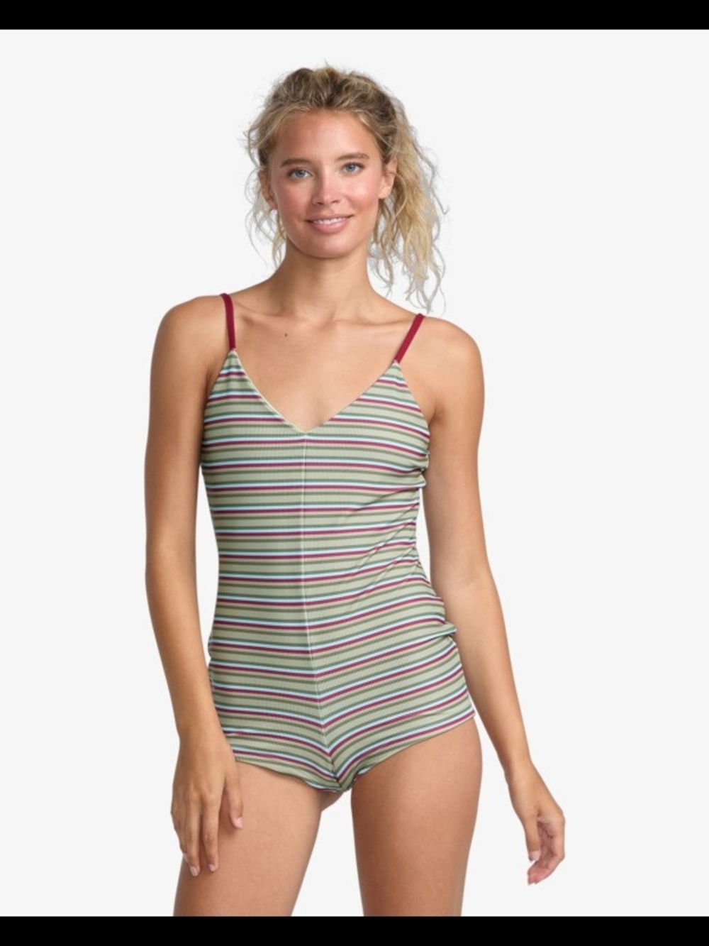 RVCA Olive, Cream & Burgundy Striped V-Neck One-Piece swimsuit